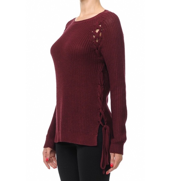 Sweaters - Burgundy Lace-Up Sweater